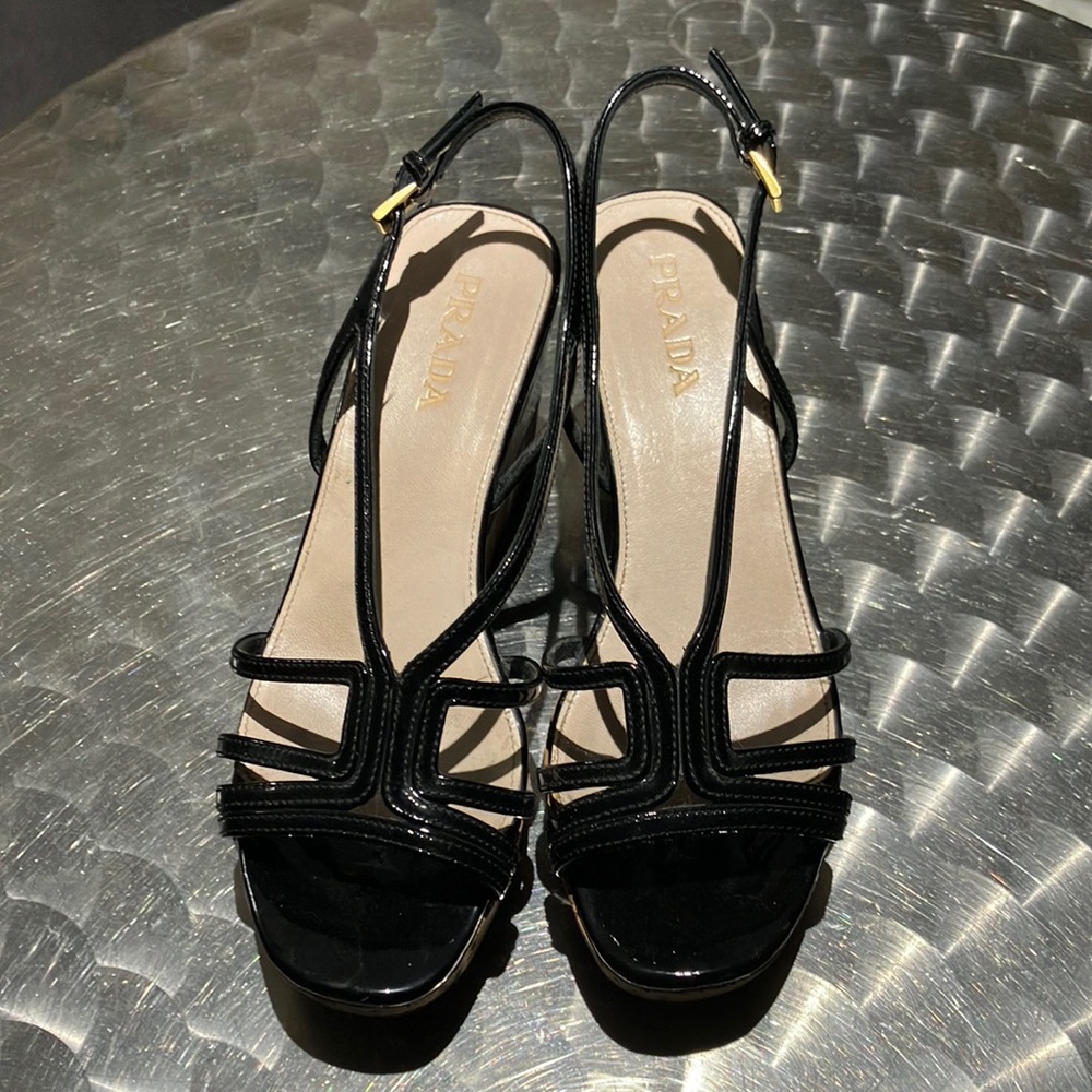Prada black patent leather wedge sandals size 6.5